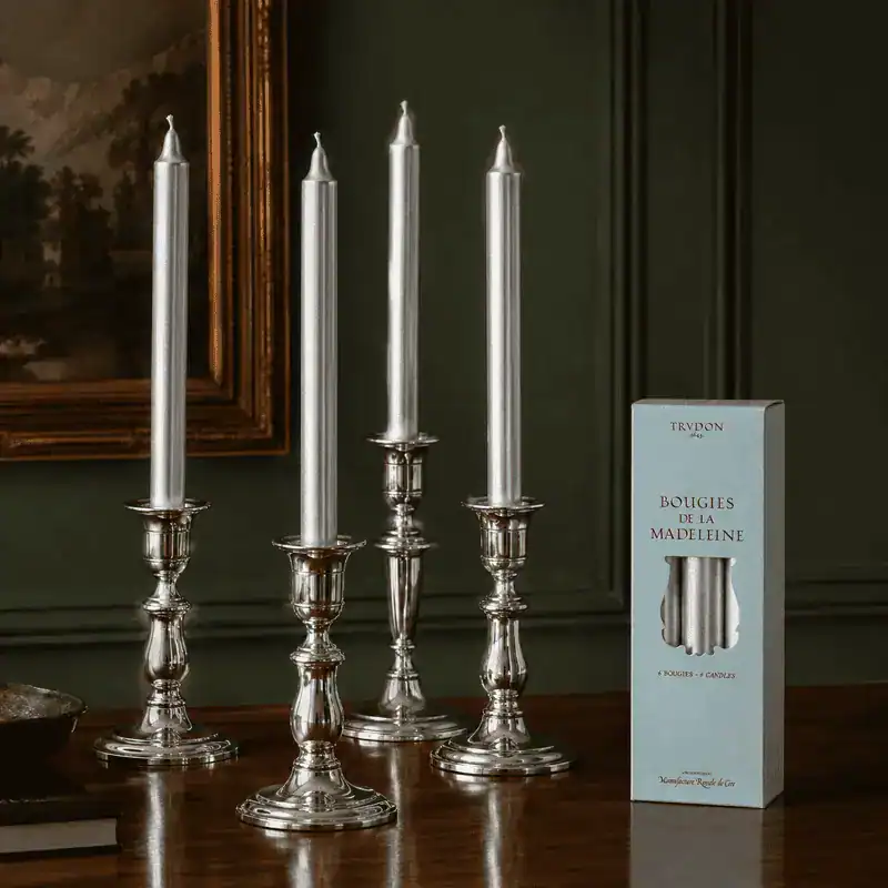 Комплект Луксозни Свещи Тейпър Trudon – Silver Madeleine (Лунен Блясък: Занаятчийски Трапезни Свещи без Дим & – снимка 2