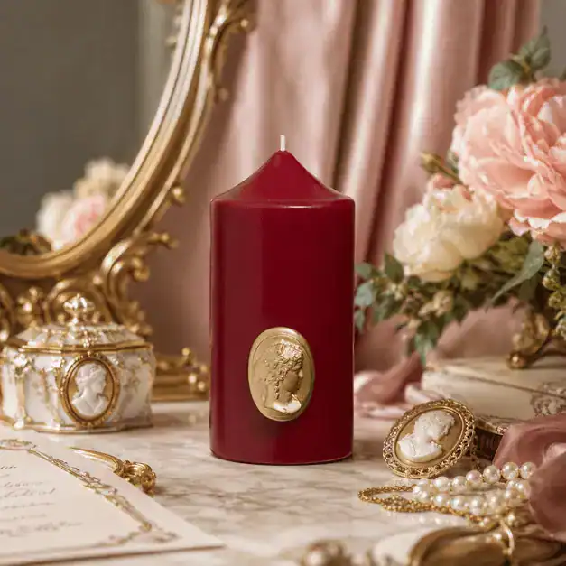 Свещ Пилар Trudon – The Great Pillar Candle Burgundy (Почит към Помпадур: Бордо Скулптурна Камея с Кралски Силует) – снимка 2