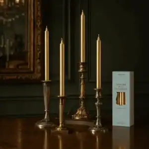 Комплект Луксозни Свещи Тейпър Trudon – Gold Madeleine (Кралски Ритуал: Занаятчийски Трапезни Свещи без Дим & – снимка 2