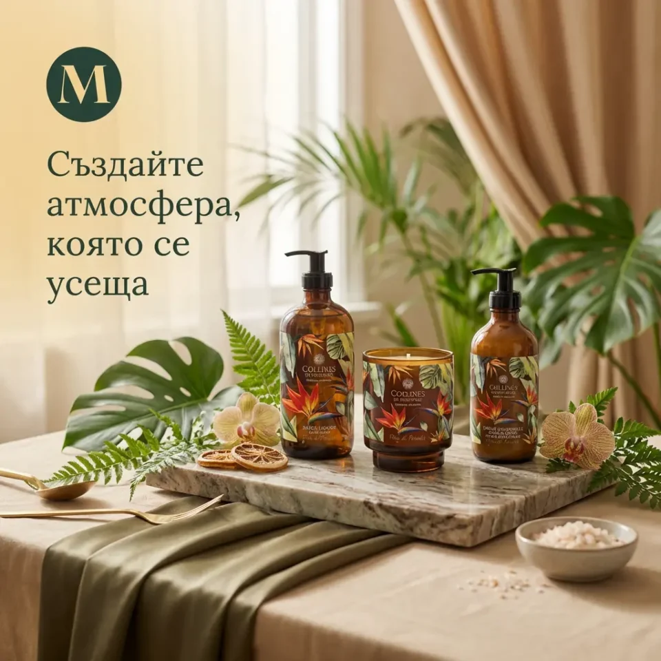 100% Натурален подаръчен сет „Paradise Flower“ | течен сапун, универсален крем, ароматна свещ + луксозна подаръчна кутия