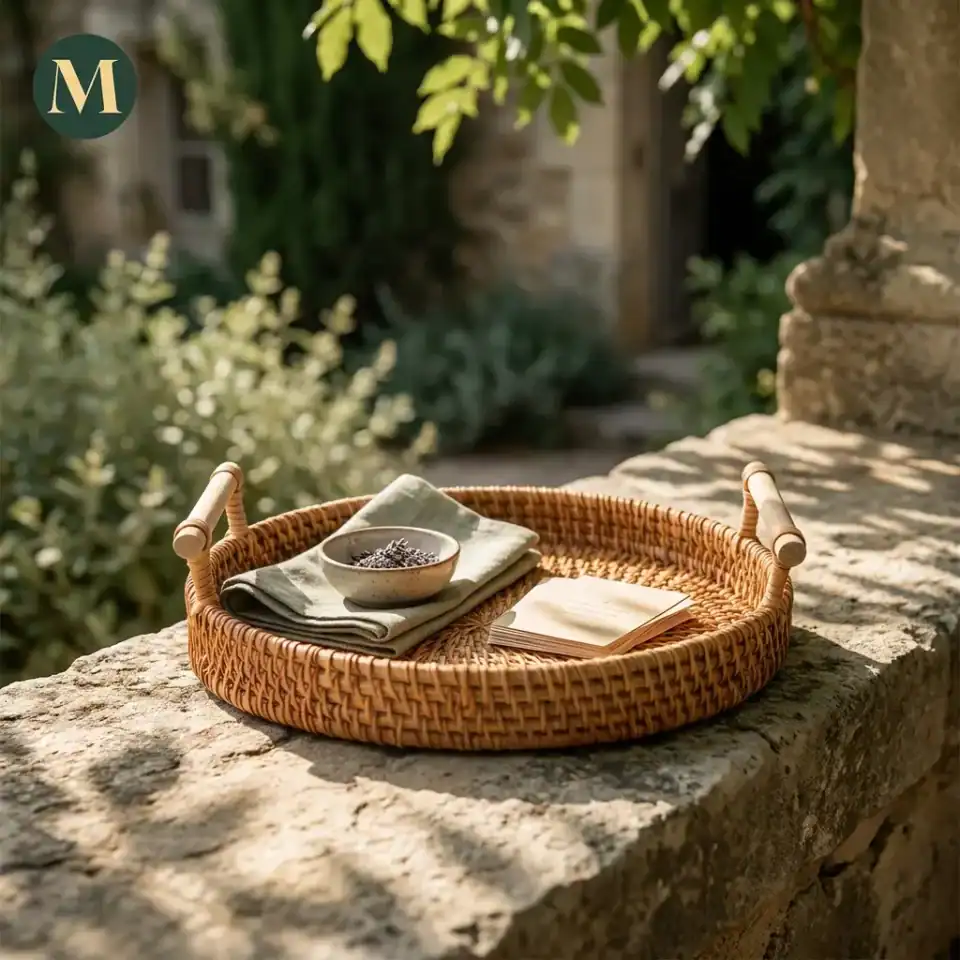 Ръчно изтъкан ратанов поднос с дървени дръжки Boho Breeze | 28 см – снимка 2