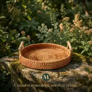 Ръчно изтъкан ратанов поднос с дървени дръжки Boho Breeze | 24 см