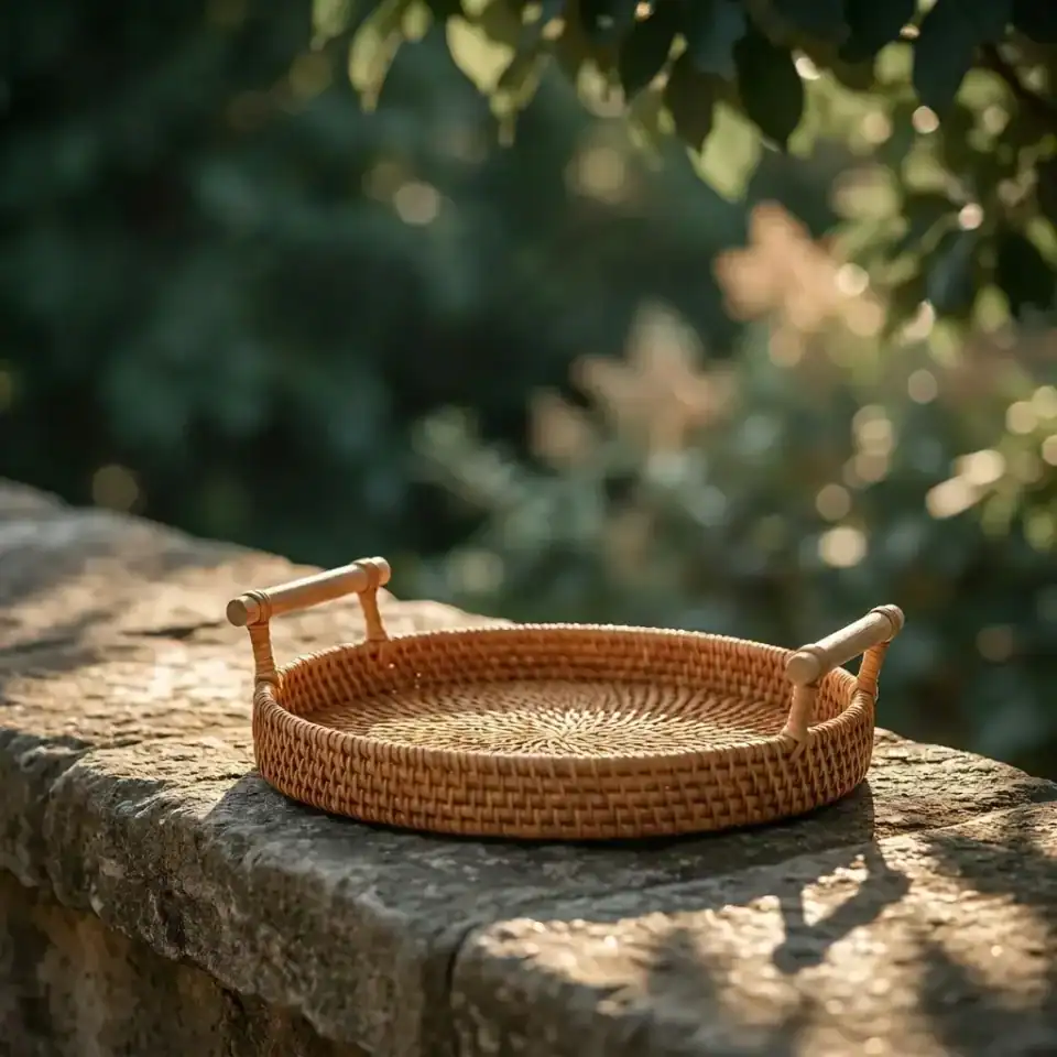Ръчно изтъкан ратанов поднос с дървени дръжки „Boho Breeze“ | 28 см