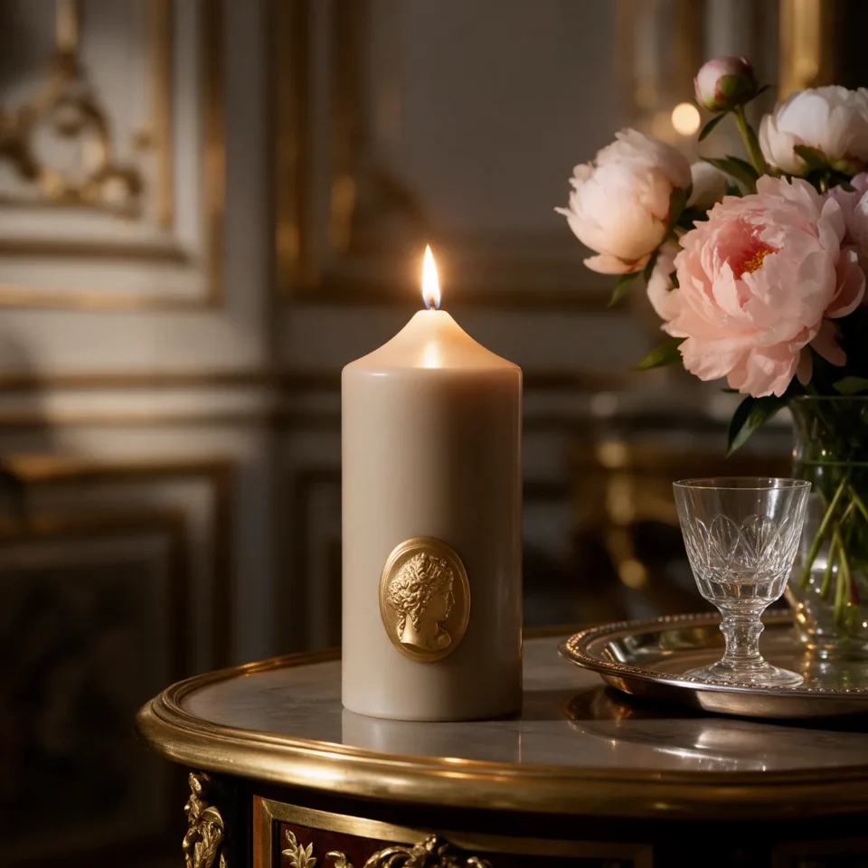 Запалена свещ Trudon Great Pillar Stone със златна камея до божури и кристална чаша