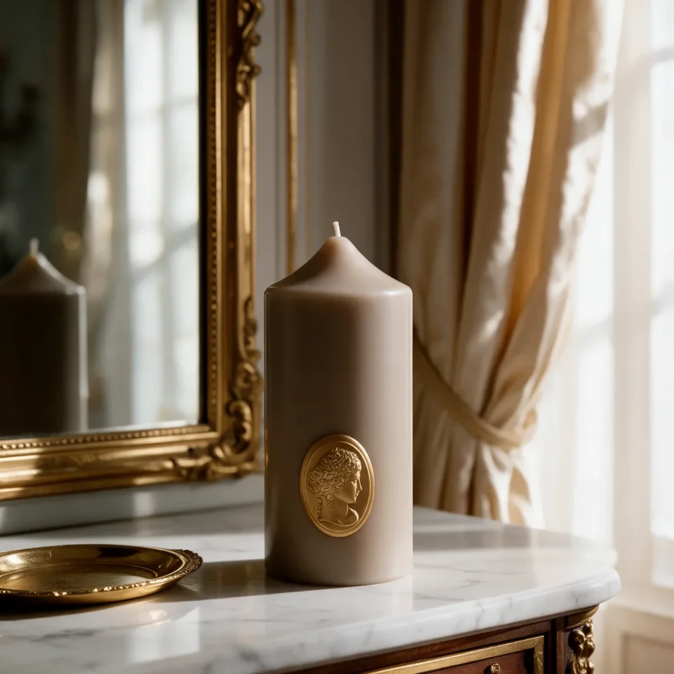 Свещ Пилар Trudon „The Great Pillar Candle Stone“ (Почит към Помпадур: Каменна Скулптурна Камея с Кралски Силует)