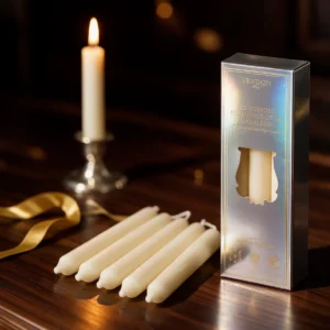 Тейпър свещи Trudon Nazareth с кутията върху дървена маса