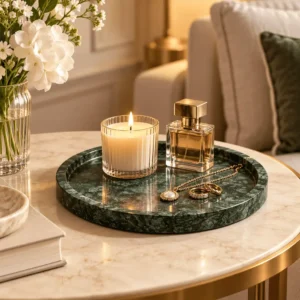 Кръгъл мраморен поднос Verde Emerald в интериора